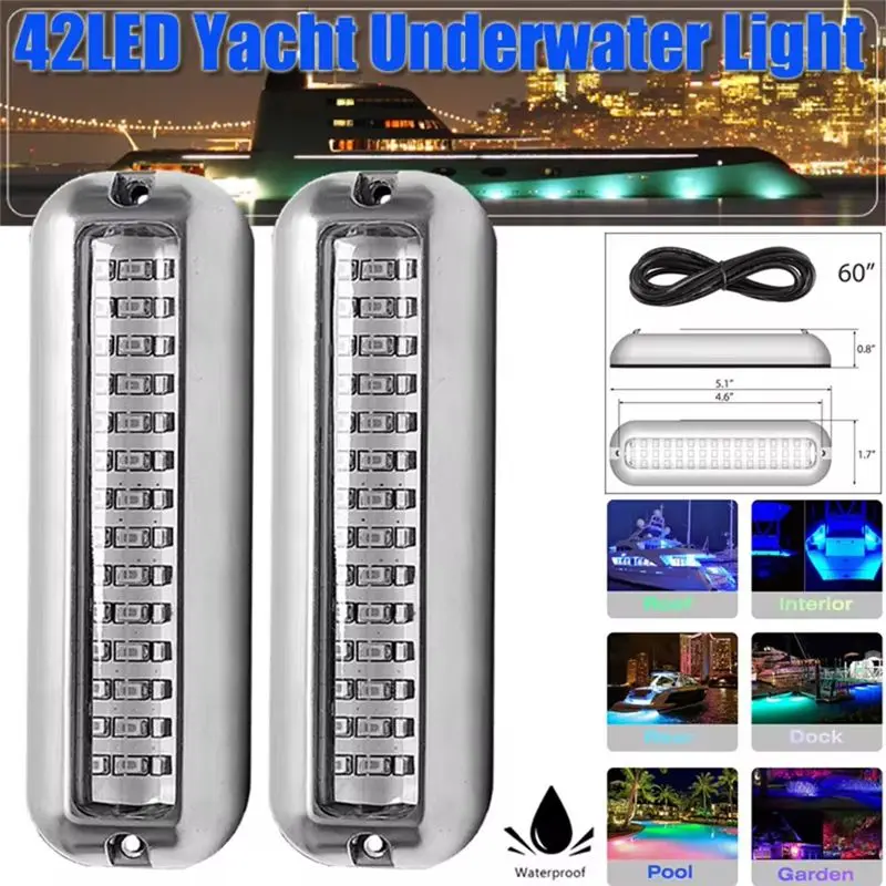 2PCS 42LED Yacht Underwater Light Stainless Steel Marine Boat Lamp Underwater Lamp IP68 Waterproof 80W Boat Accessories