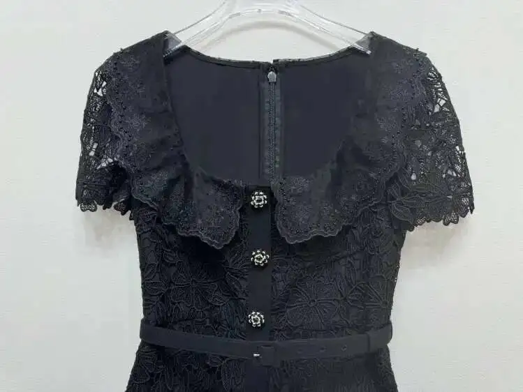JAMERARY Brand Designer Summer Black Lace Evening Prom Dress Women Diamond Button Short Sleeve Midi Long Party Vestidos Quality