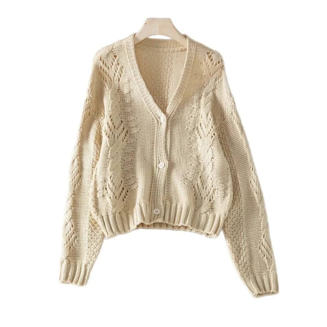 

Button Loose Hook Flower Hollow Sweater for Women New Autumn and Winter Cardigan Jacket Long Sleeve