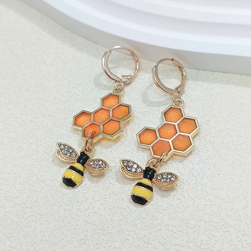 Bee Earrings with Yellow Honey Comb Mismatch Earrings Metal Bee Honeycomb Earrings Handmade Drop Dangle Earrings