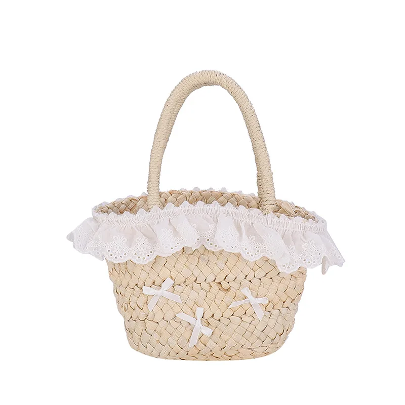 Cute Decorative Bag Tote Bags Sweet Baby Bucket Bag Fashionable Straw Woven Children Handbag Mother Kids Bags for Girl Beach Bag