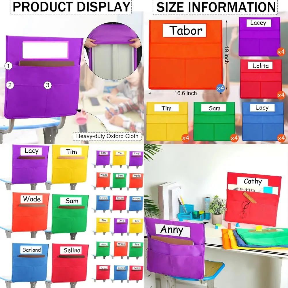 

Карманы на спинку стула для классной комнаты с именными бирками, органайзеры для сидений 16,3 x 15, 2 больших кармана для студентов и учителей, разноцветные
