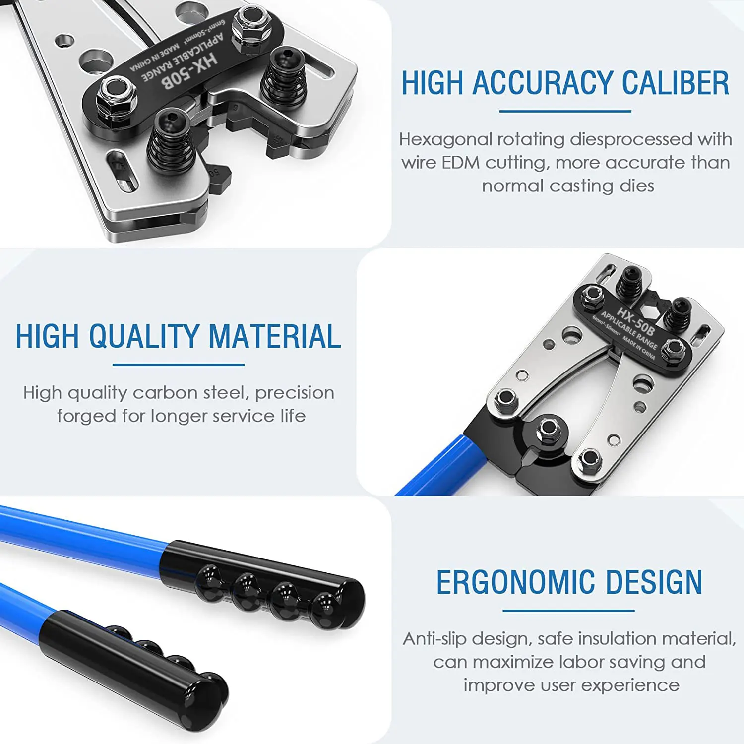 HX-50B Battery Cable Lug Crimping Plier-Cable Lug Crimping Tool for Copper Lugs AWG 10-1/0 （6mm²-50mm²）Wire Shear Cutter