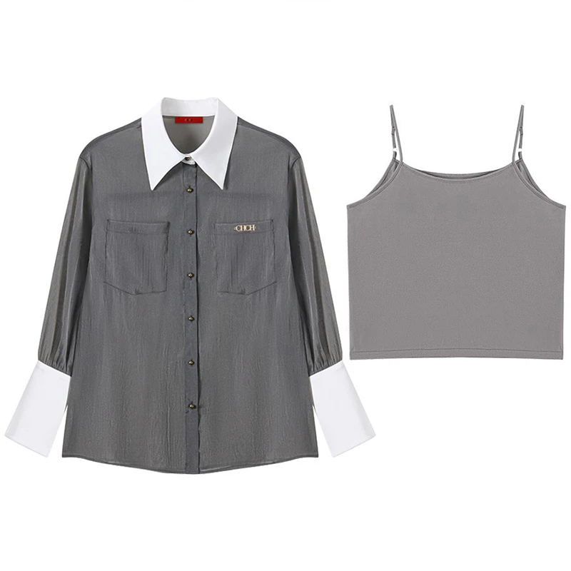 Women\'s Shirt Brand Design Grey Solid Color Perspective Fashion Ladies Blouse Classic Popular Two-Piece Suit Thin Female Tops