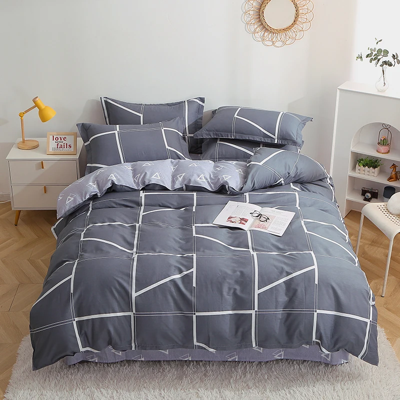 Grey Geometric Queen Duvet Cover Set, 100% Cotton Skin-friendly King Bedding with 2 Pillowcases Triangle Reversible Quilt Cover