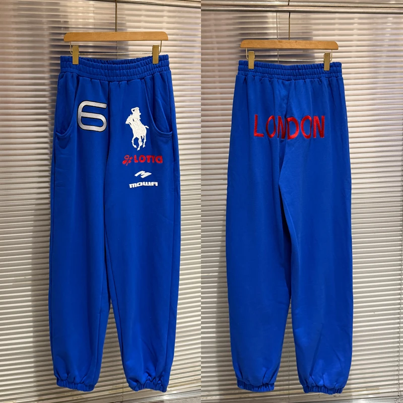 

Mowalola Sweatpants Angel Warhorse Embroidery Patchwork American Retro Wide Leg Pants Men Women Jogger Drawstring Trousers