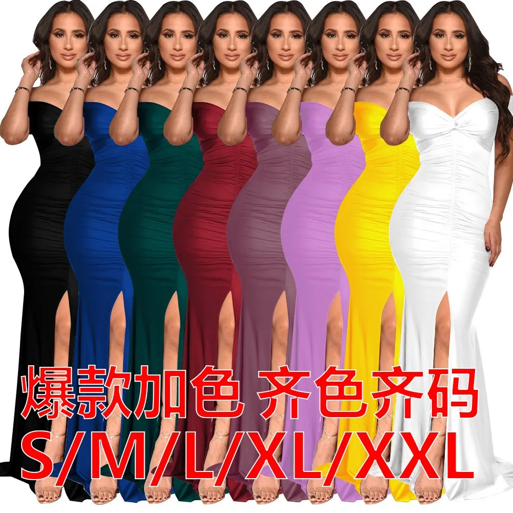 

Spring Summer Women's Clothing V Neck Off Shoulder Elegant Party Dress Evening Prom For Woman High Waist Bodycon Slit Ruched Ma