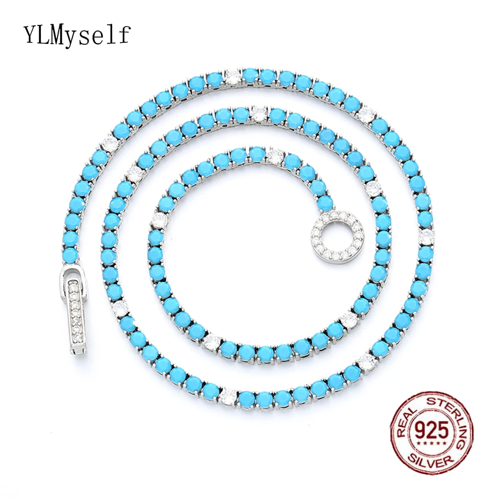 

3mm Turquoise & White Cubic Zircon Real 925 Sterling Silver Tennis Necklace Fine Jewelry 16-24 Inch (41-60cm) Choker Women