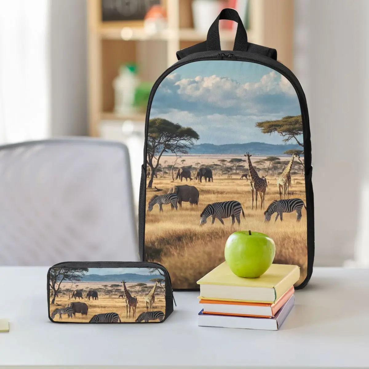 African Savanna Wildlife Theme Backpack Student BookBag School Bag Shoulder Bags 3ps Insulated Lunch Bag Pencil Case
