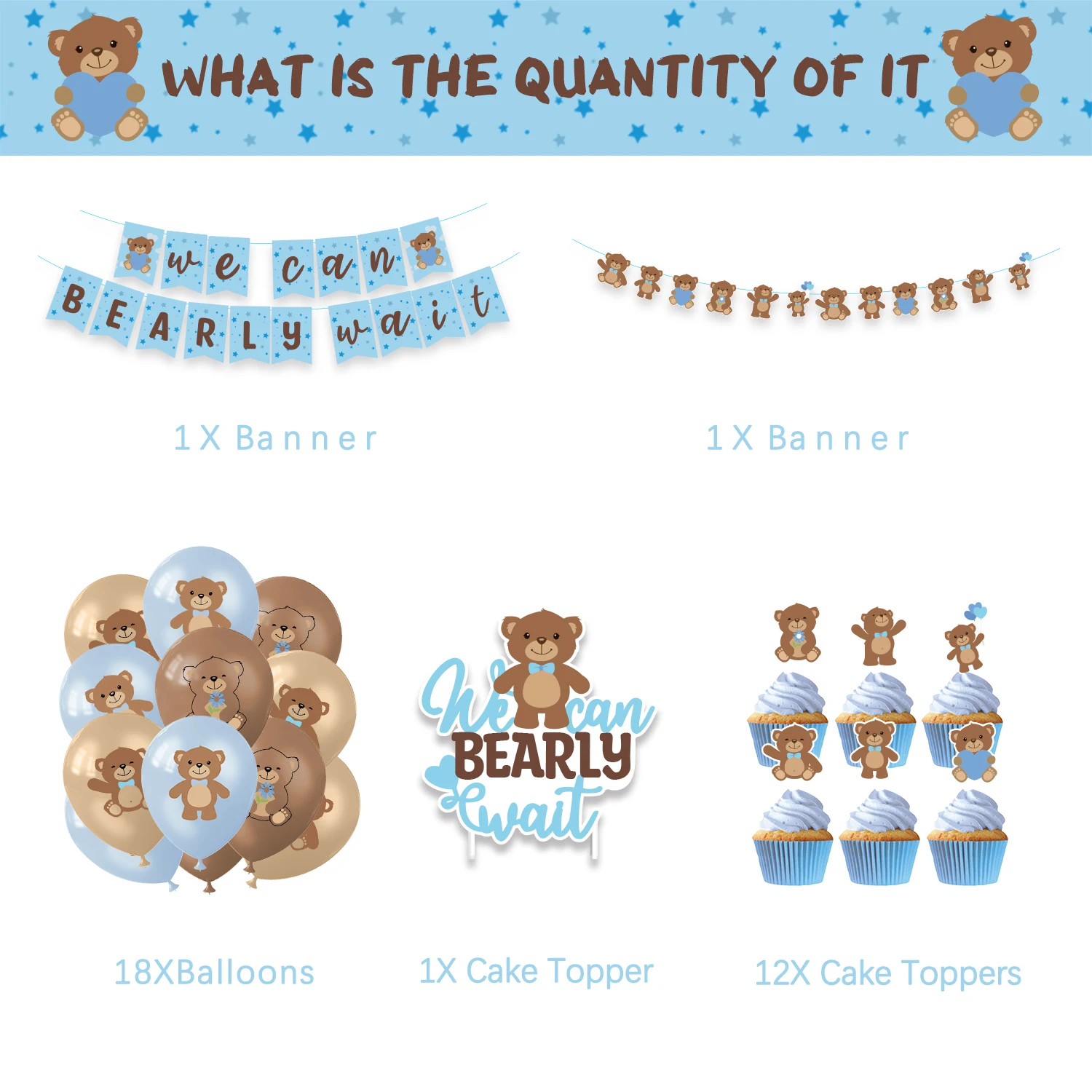 Teddy Bear Theme Birthday Party Decoration Balloons Banner Cake Topper  Teddy Bear Party Supplie Blue Bear Baby Shower