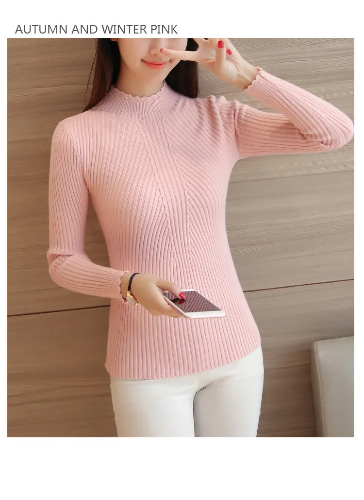 2026 Herbst Damen Mock Neck Rüschen Pullover Langarm Gestrickter Einfarbiger Pullover Gestreifter Damen Freizeitpullover Winter – Detail 7