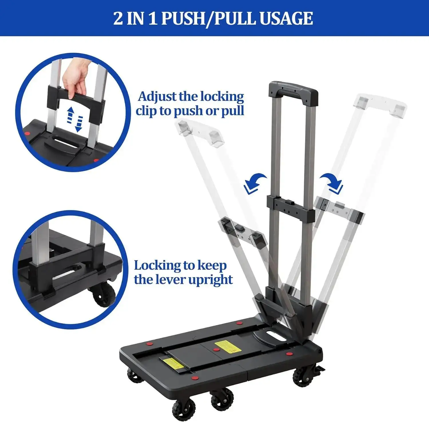 Folding Hand Truck, 500 LBS Collapsible Dolly Cart, Luggage Cart Heavy Duty with 6 Rotary Wheels (2 Brake Wheels)