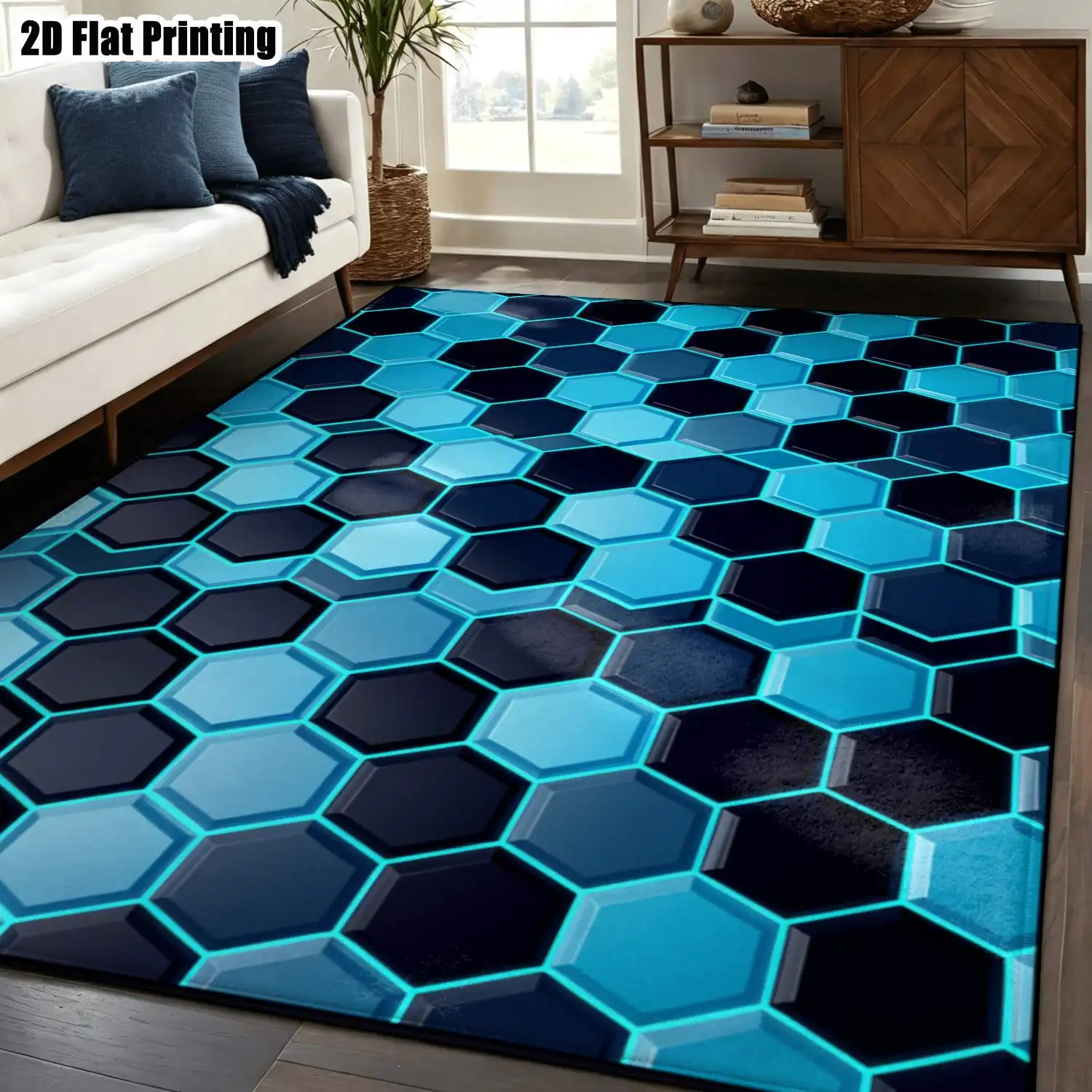 1Pc 2D Printed Carpet: Blue-Black Geometric Honeycomb Pattern, Modern and Simple, Machine Washable, Multi-Size, Suitable for Home Decor, Multiple Settings
