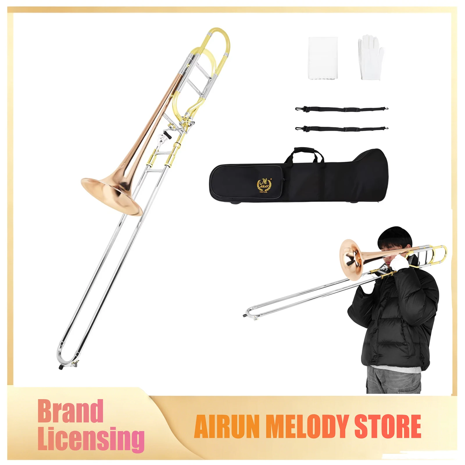 Tenor B Flat Slide Trombone Brass Wind Musical Instrument with Mouthpiece Accessory for Beginner Learning Stage Performance