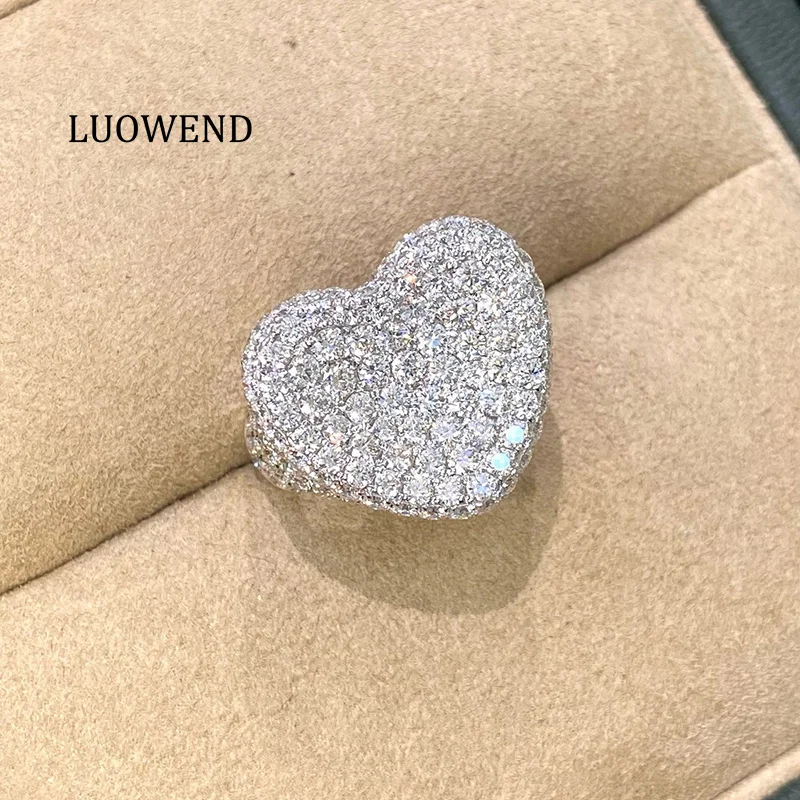 Anillos LUOWEND 100% de oro blanco de 18 quilates, anillo de compromiso de lujo con forma de corazón y diamantes naturales reales para mujer, joyería de alta gama para bodas y fiestas