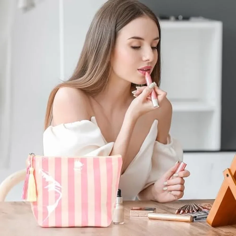 Glänzender, gestreifter Kosmetik-Organizer, Kosmetik- und Waschmittel-Aufbewahrungstasche mit großem Fassungsvermögen, tragbare Reise-Toilettentasche, Outdoor-Reisetasche – Detail 5