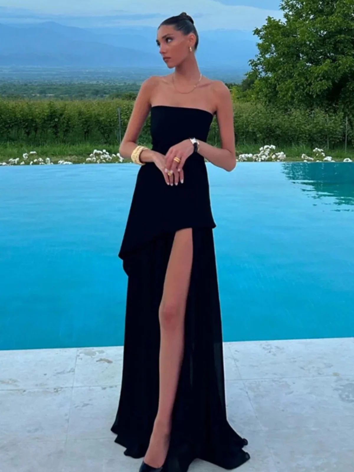 Sexy Me épissure Tube Dr femmes conception sensuelle robe de soirée taille découpée vêtements d'extérieur jupe longue Polyester Fiber a-ligne Dr