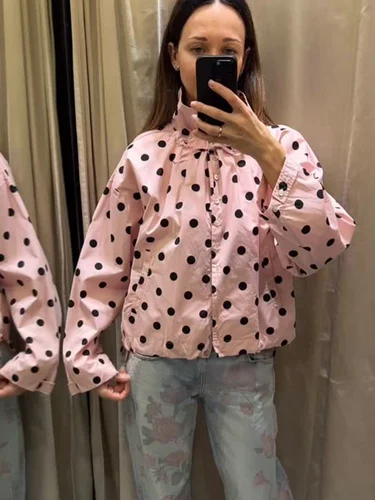 Imagen 2 del producto Chaqueta de Mujer HH de Manga Larga con Estampado de Lunares Rosas, Chaqueta Corta de Cuello Alto con Botones, Chaqueta Casual de Primavera para Mujer