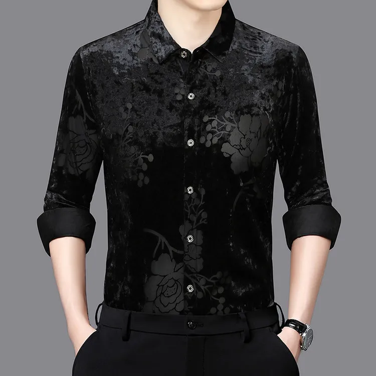 

Мужские сексуальные полые рубашки 2023, осень-весна, мужские прозрачные рубашки с длинными рукавами и цветочным принтом, клубная одежда, классическая рубашка, бархатные топы