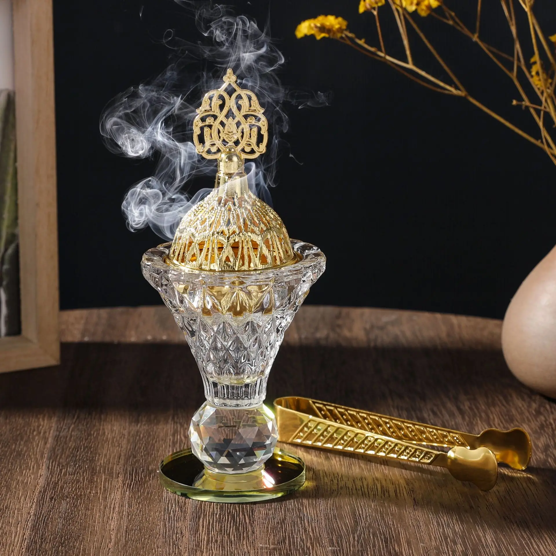 Crystal Glass Gold Bottom Incense Furnace Middle East Home Furnishing Small Ornament Arabian Candlestick Party Incense