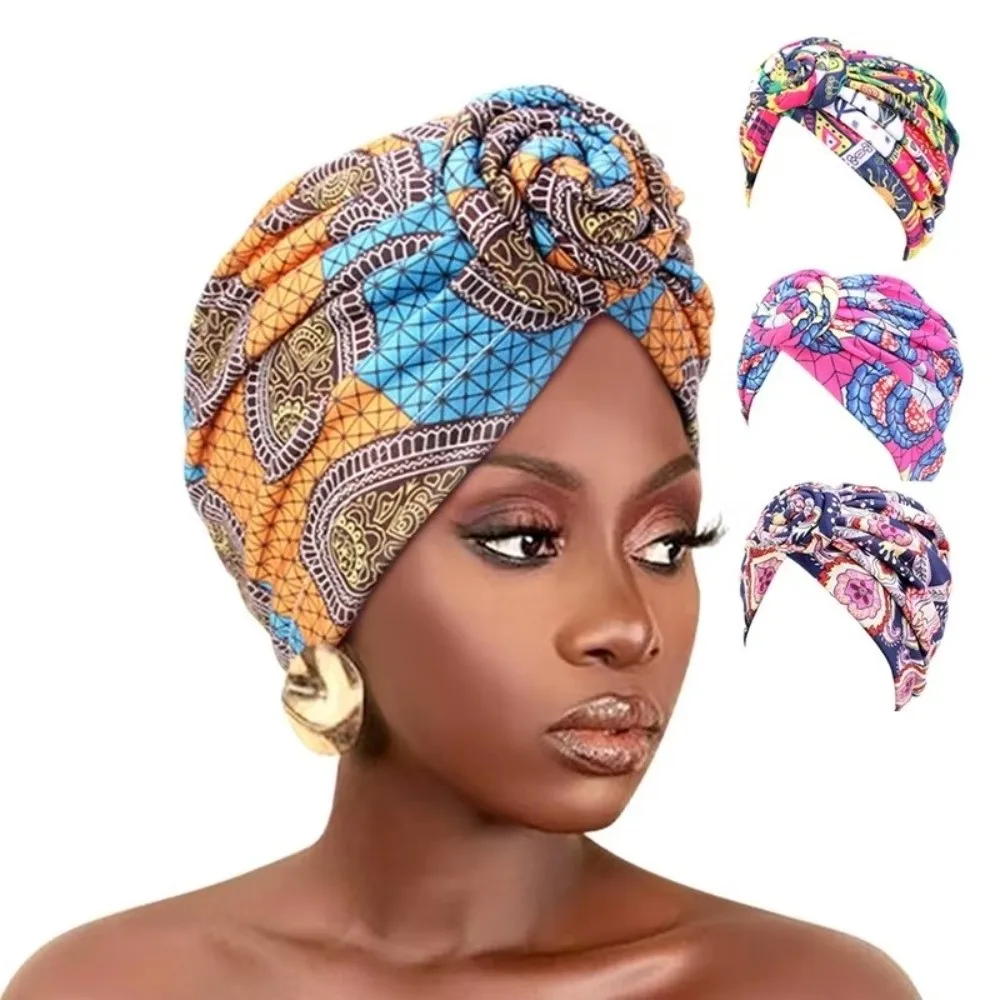 Fashion African Print Hijab Caps Pleated Wrap Islamic Headband Soft Comfortable Knotted Style Chemo Head Cover Women Headwear