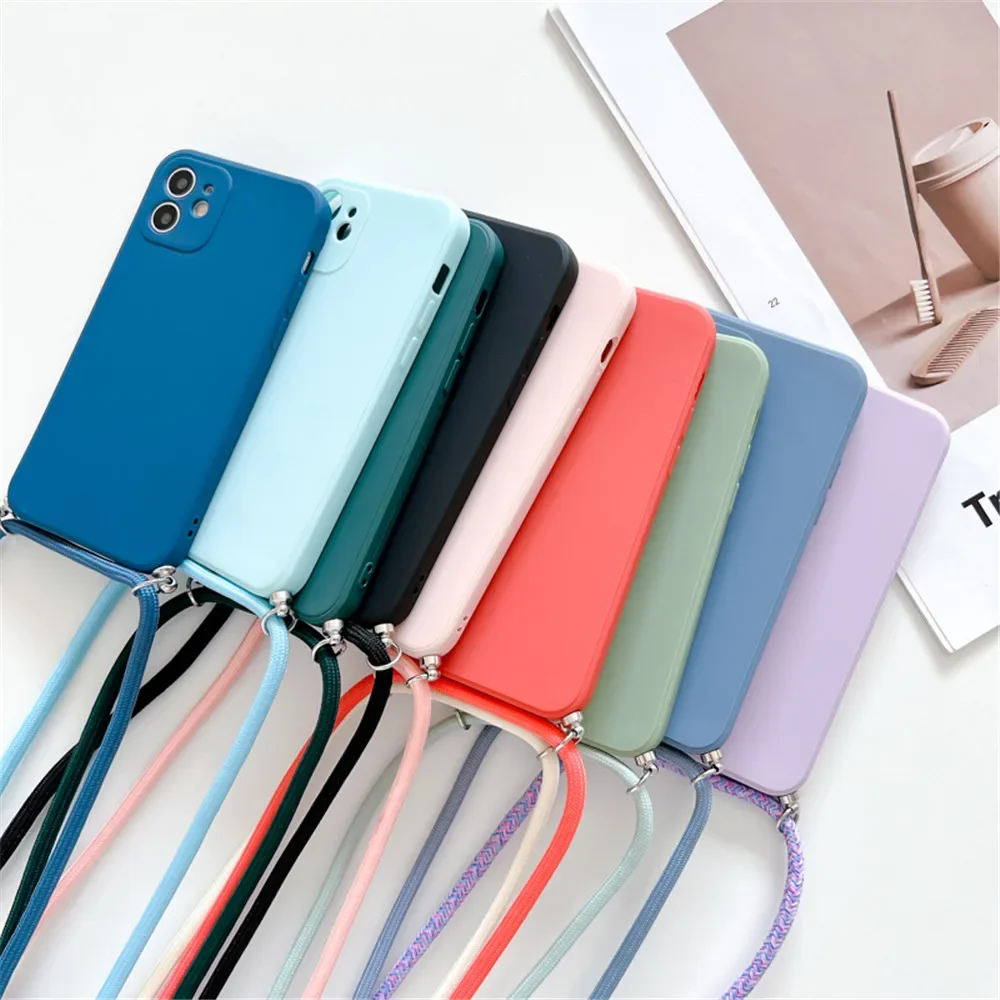 Crossbody Necklace Strap Lanyard Cord Phone Case For iPhone 13 12 MiNi 11 14 15 Pro X XR XS Max 6S 7 8 Plus Soft Silicone Cover