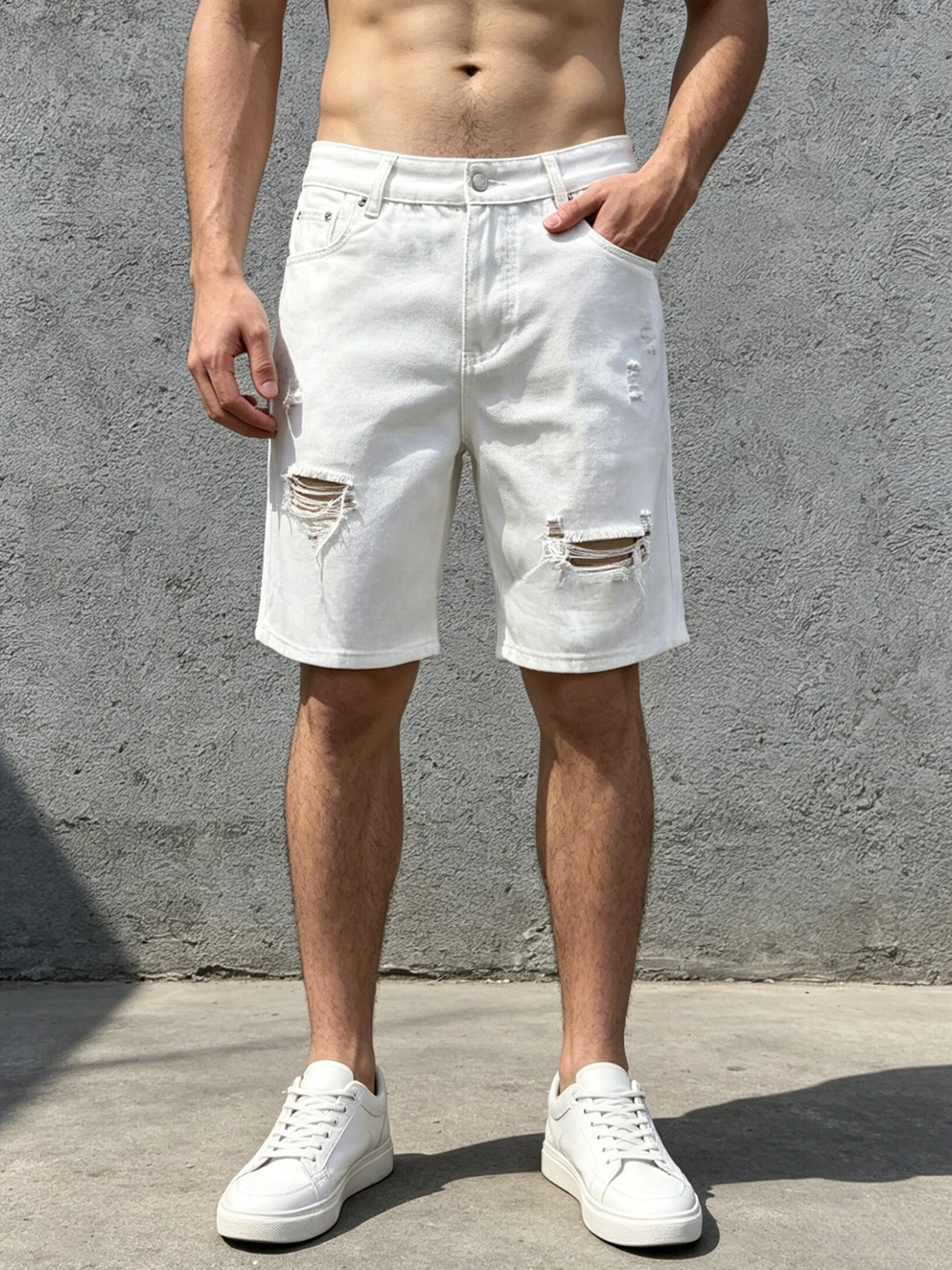 Men Jeans Denim Pants Clothing Trousers Shorts Men's Casual White Distressed Ripped Straight Leg Denim Shorts