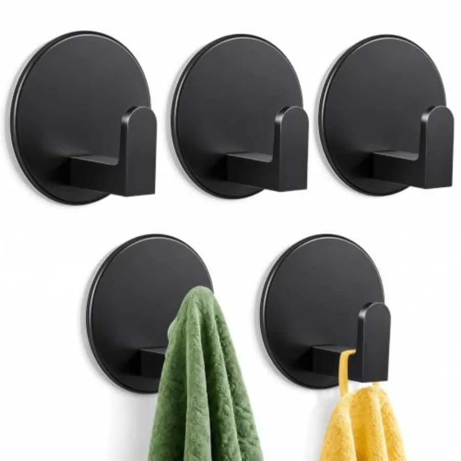 Adhesive Towel Hooks, 5 Pack Heavy Duty Wall Hooks 15lb Max, No Drilling Hooks for Bathroom Shower Kitchen, Waterproof Rustproo
