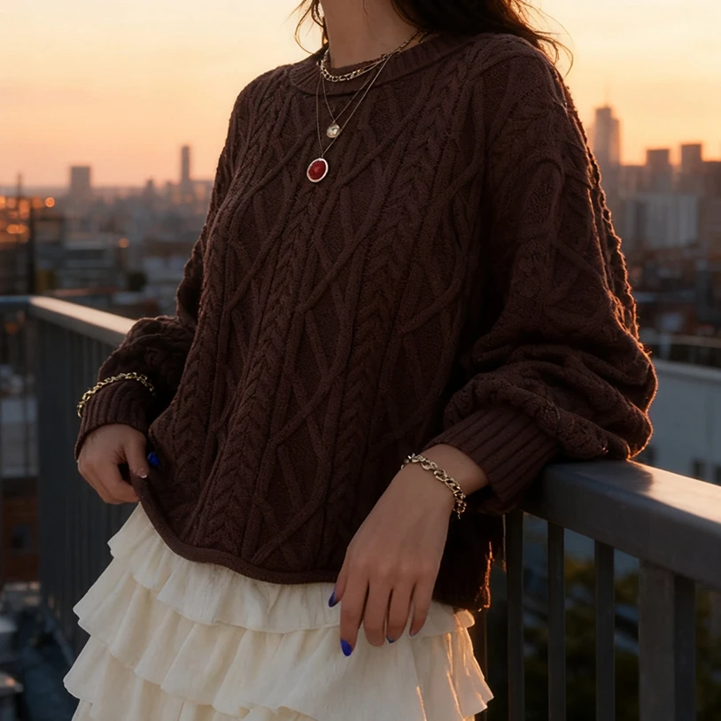 

Deep Brown Cable Knit Sweater For Women Long Sleeve Pullover Crew Neck Loose Fit Casual Knit Sweater Perfect For Fall