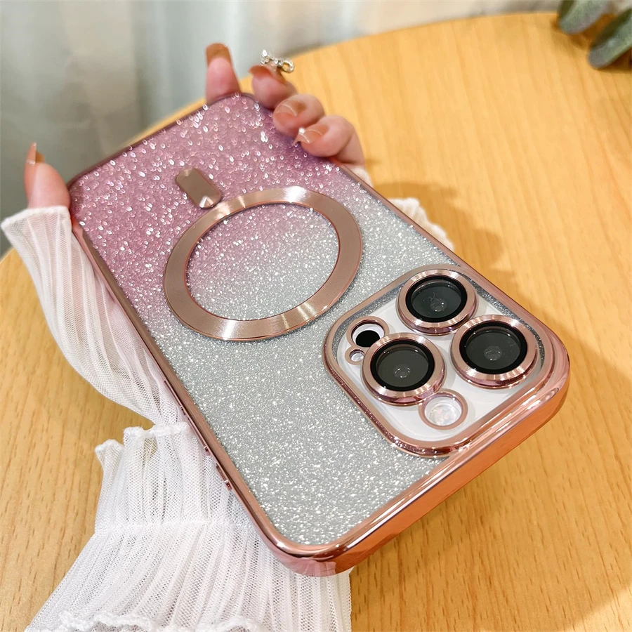 Gradient Glitter Case For iPhone 16 15 14 13 12 11 Pro Max Plus Shockproof Bling Soft Bumper Magsafe Magnetic Wireless Cover