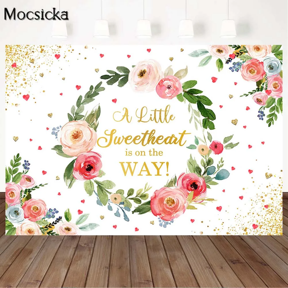 Mocsicka Little Sweetheart Baby Shower Backdrop Green Leaf Wreath Baby Birthday Photography Background Custom Banner Party Decor