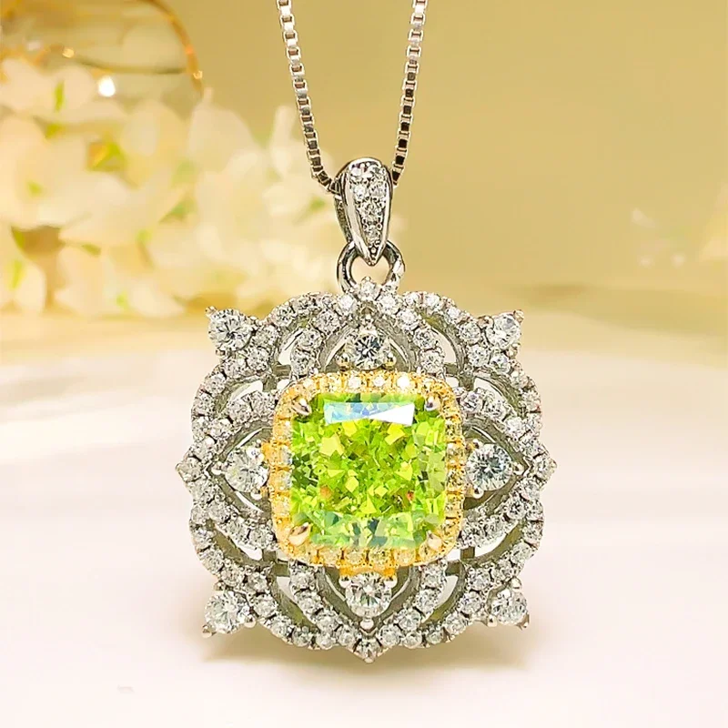 Fashion Hot Sale Vintage Flower Olive Green Pendant Necklace with High Carbon Diamond 925 Sterling Silver Wedding