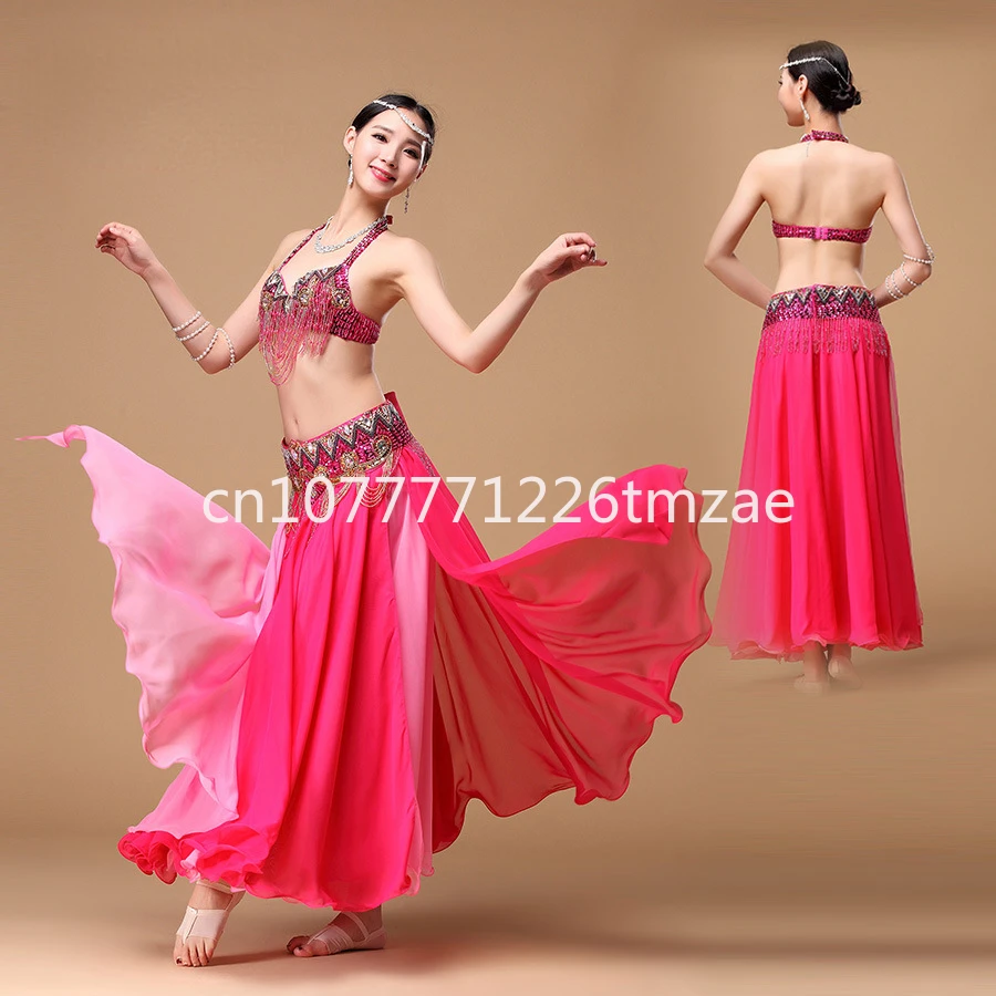 Belly Dance Costume Costume New Performance Set Pearl Embroidery Bra Two-Color Wooden Ear Skirt