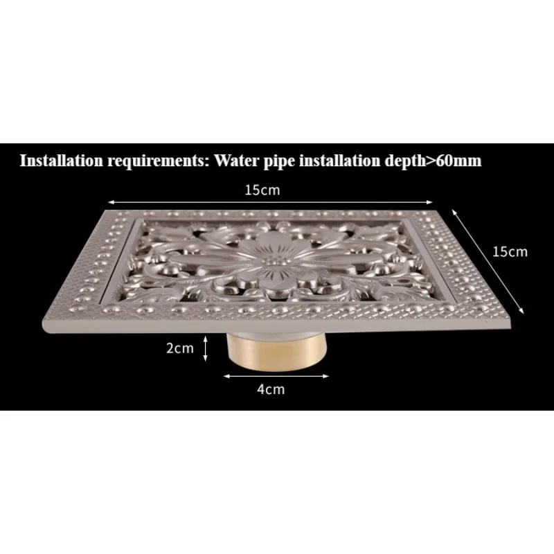All Copper 15 * 15 Thick Copper Anti Odor Floor Drain Retro Exquisite Pattern Thick Square Floor Drain