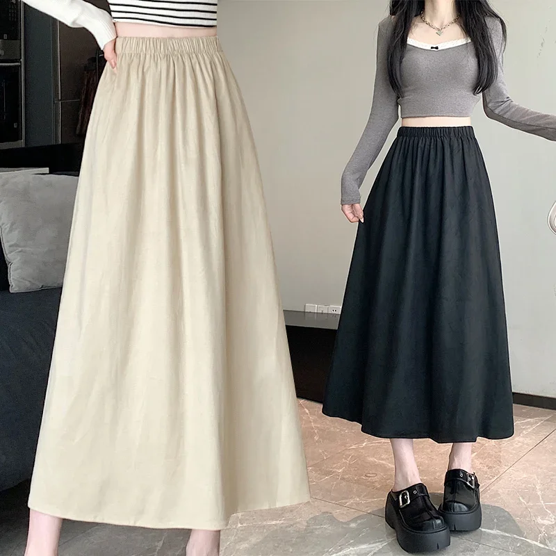 2024 Autumn Winter Elastic Waist Suede High Waist Slim Long Skirt