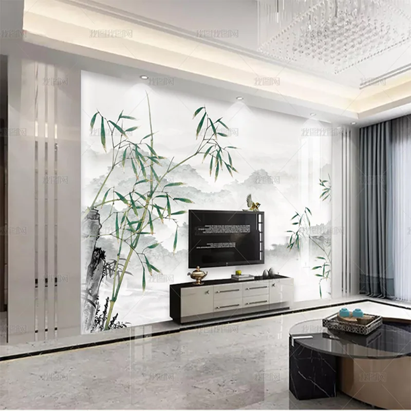 custom 3D New Chinese style ink bamboo wallpaper mural quiet Zhiyuan TV sofa living room background wall bedroom restaurant 8d