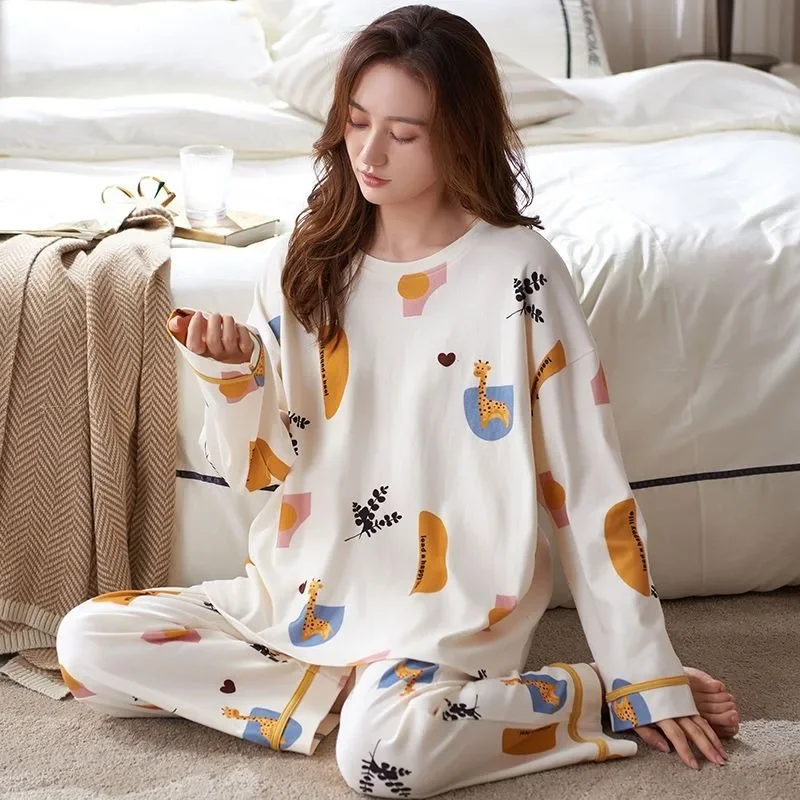 2024 Nieuwe Pyjama Lente Herfst Vrouwen Puur Katoenen Losse Nachtkleding Tweedelig Pak Dames Ronde Hals Plus Size Casual Homewear Sets