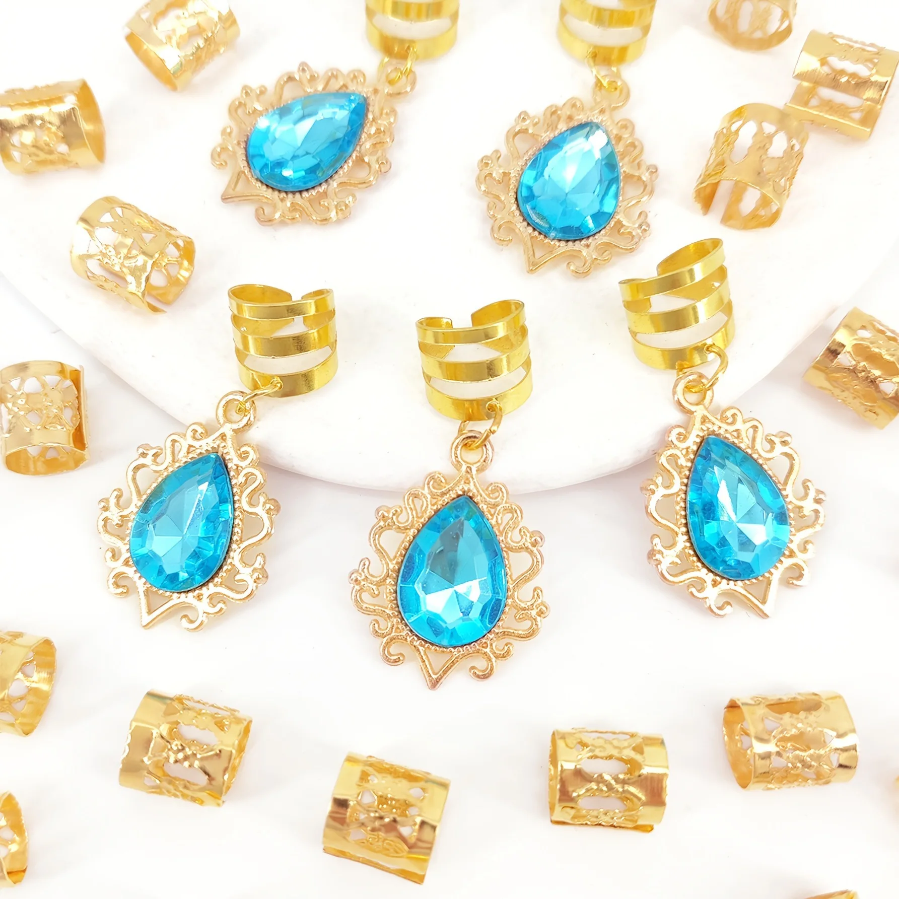 29개 보헤미안 메탈 미니멀리스트 사파이어 드레드락 땋은 머리 링 세트 (댄스 및 생일 파티용)