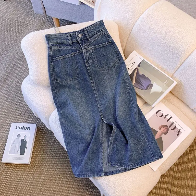 

Vintage Split Midi Long Denim Skirt Women Casual High Waist Pocket Spring Autumn Summer Bodycon Pencil Skirt Blue Black
