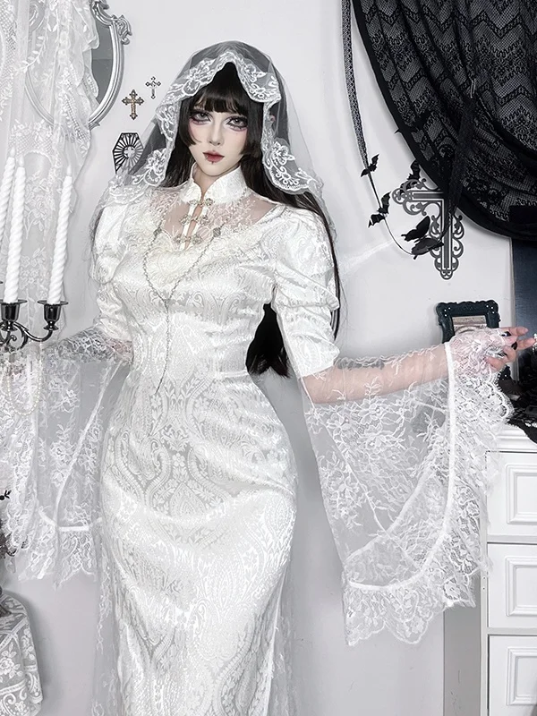 القوطية Sle طويلة Sve المطرزة الدانتيل الزفاف الدكتور لوهوين موضوع القطن البوليستر مزيج عالية الخصر ألف خط الدكتور #1