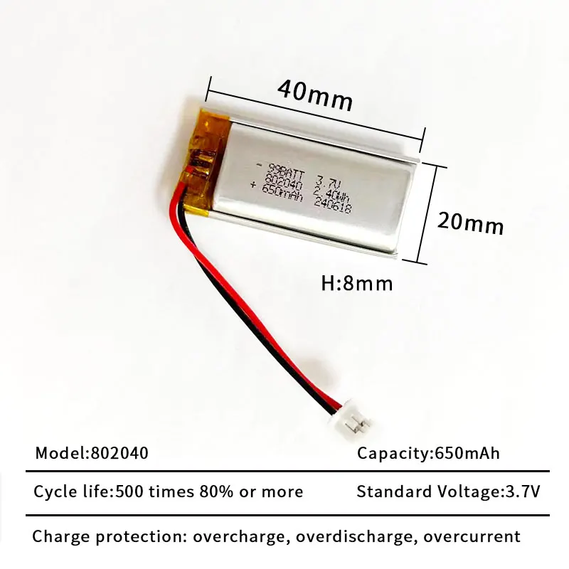 10pcs 3.7V Lipo Lithium Polymer Battery 650mAh 802040 Lithium Soft Pack Battery for Electronic Toys Detectors Scanners VR Glass