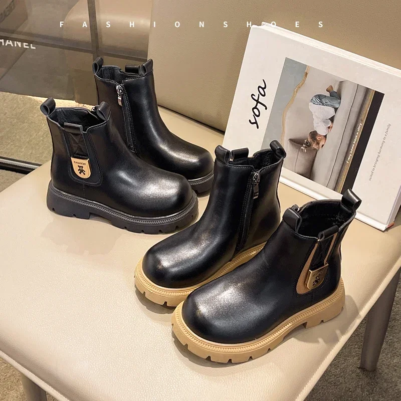 Toddler Kids Leather Ankle Boots, Fleece Lined Warm Side Zip Thick Non Slip Sole Boots for Autumn Winter Daily Wear