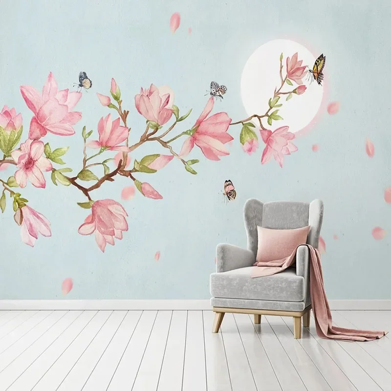 

Custom 3D Modern Pink Hand Painted Magnolia Flower Butterfly Love TV Background Wall Wallpaper Papel De Parede Tapety Fresco