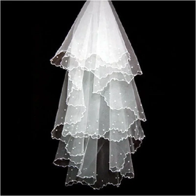 Wedding Veil with Beaded Edge Short Bridal Veil with Comb1 Layer Pearl for Women Bride B