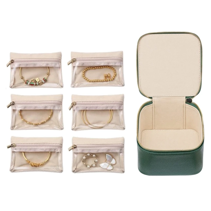 Portable Jewelry Storage Box Zipper Velvet PU Earrings Necklace Storage Box with 6 Pouch pendant Rings Jewelry bag Solid Color