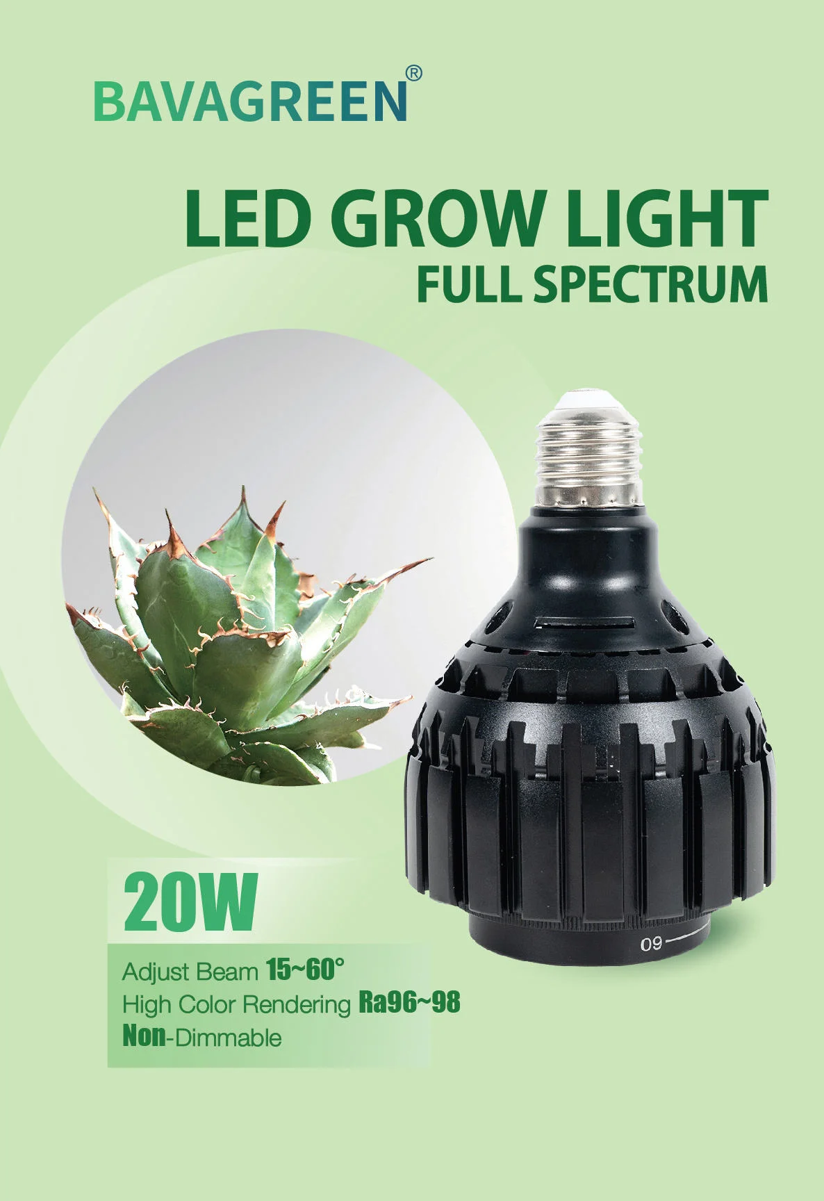BAVAGREEN E26 Socket Full Spectrum LED Grow Light Bulb 20W Adjust Beam COB LED Plant Lamp for Garden Agave Vegetables Flowers