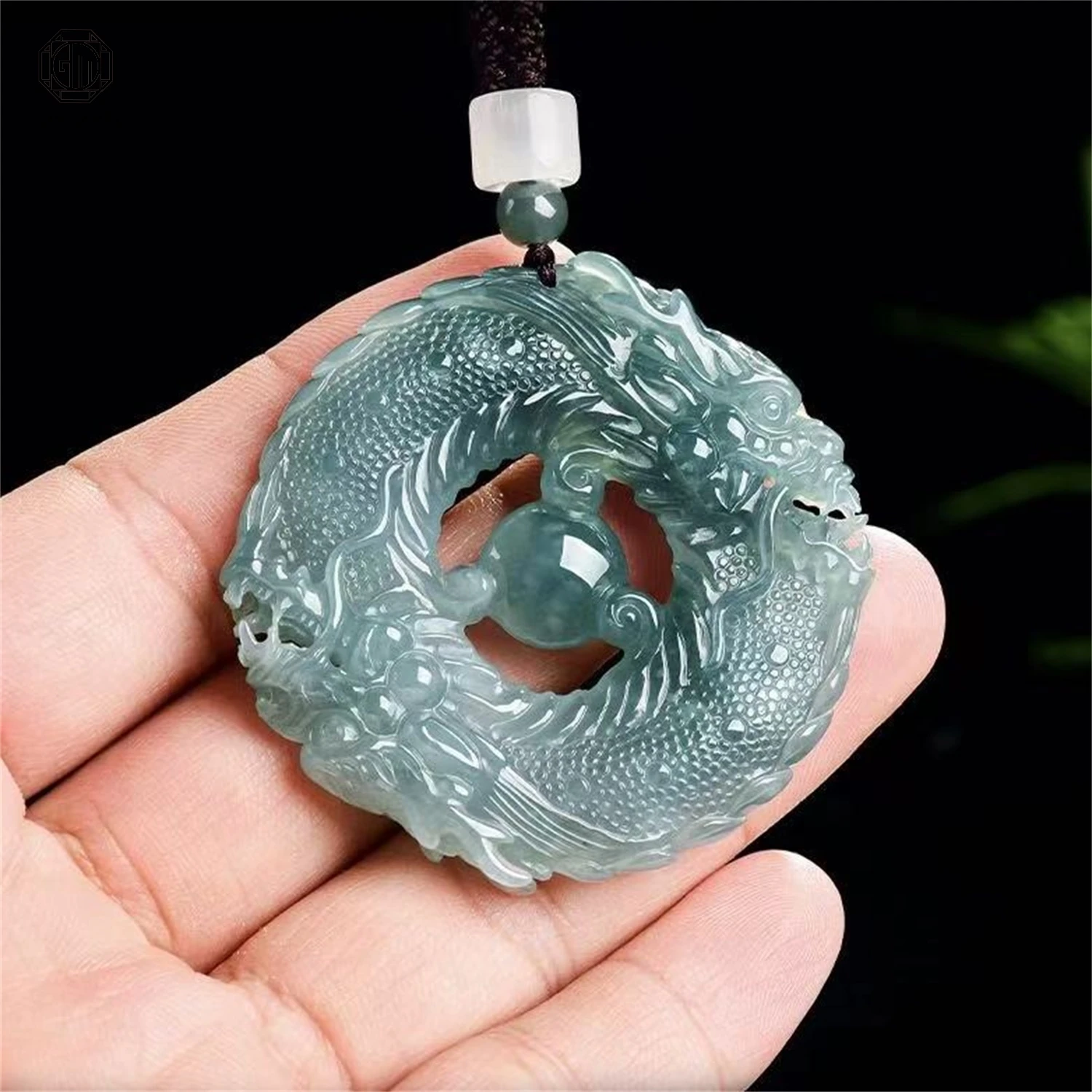 

Natural Grade A Jadeite Blue Water Double Dragon Pearl Plaque Ice Carved Pendant Unisex Men Women Gemstone Necklace Jewelry Gift
