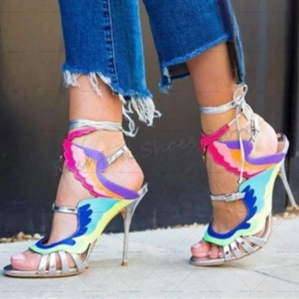 

Mixed Color Wing Hollow Out Sandals Lace up Thin High Heels High Heel Shoes for Women Fashion Heels 2025 New Zapatos Para Mujere