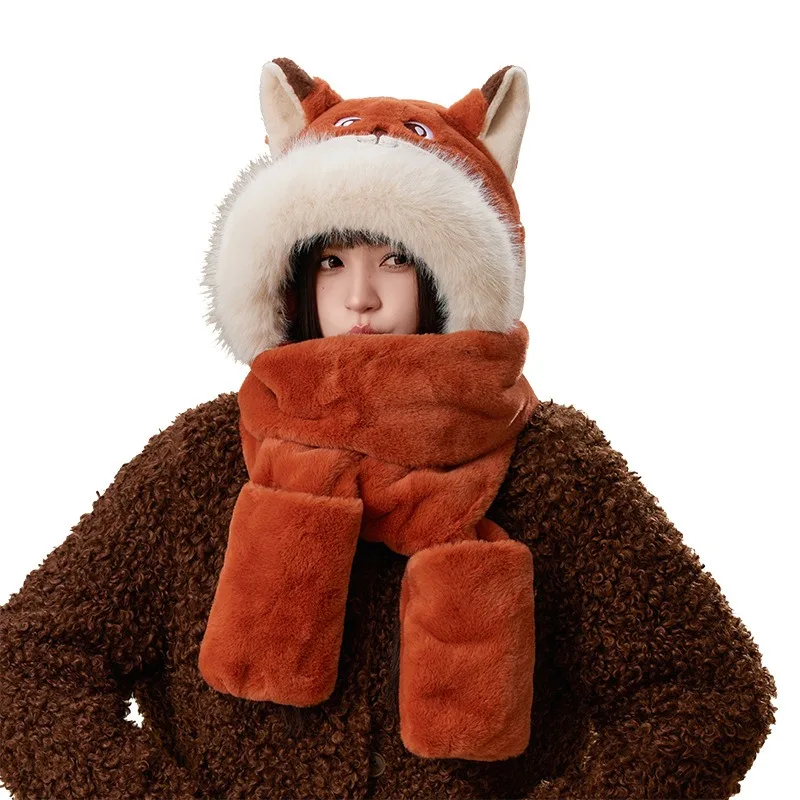 مجموعة قفازات وشاح للأذن على شكل ثعلب كرتوني للأطفال، قناع بقلنسوة متصل من القطيفة 3 في 1 للأنشطة الخارجية للعب الأدوار في الشتاء #5