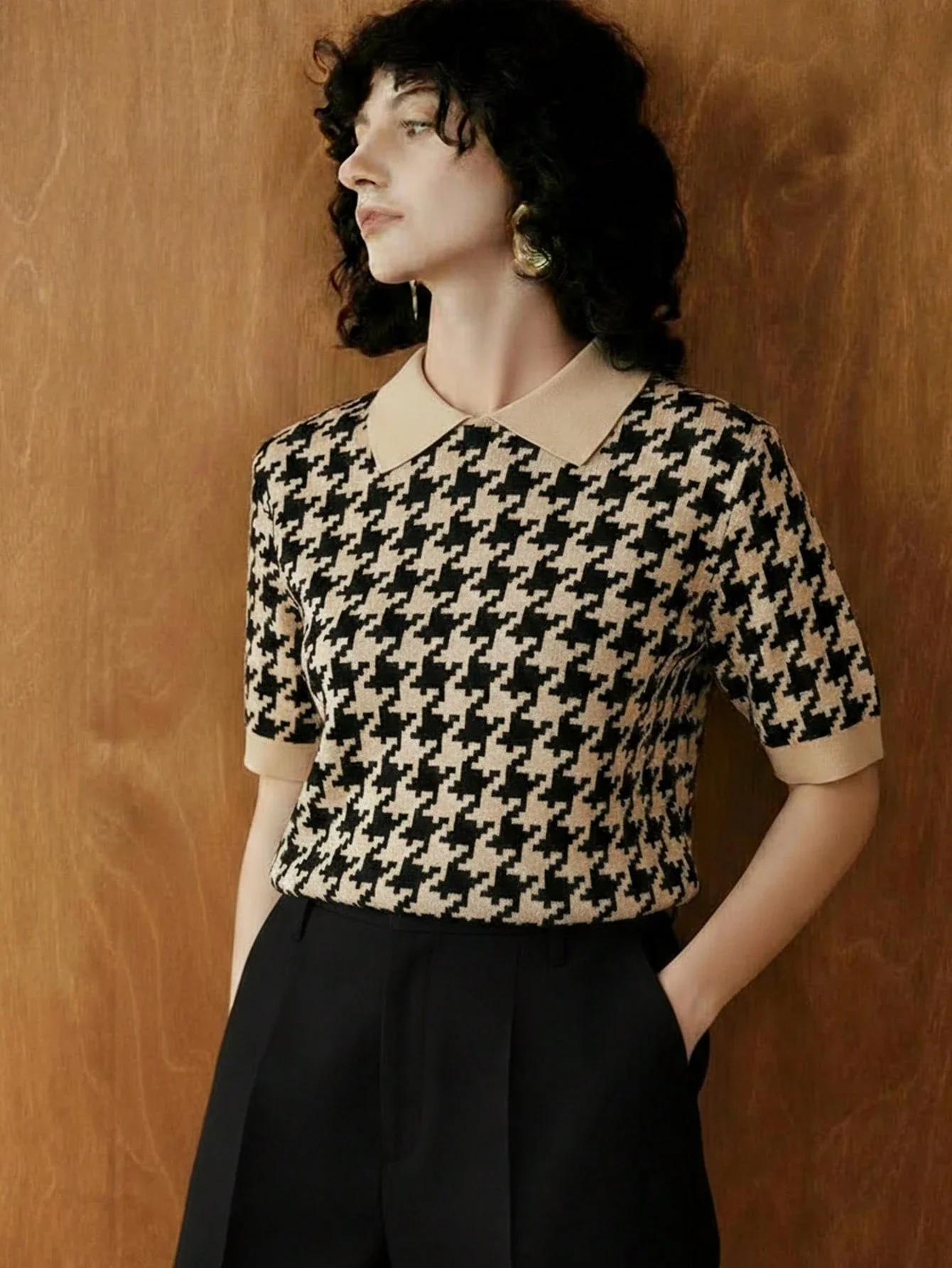 

Women Houndstooth Pattern Short Sleeve Shirt With Collar